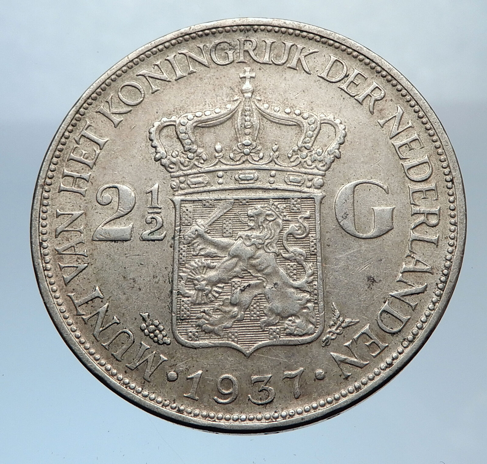 1937 Netherlands Queen WILHELMINA 2.5 Gulden Authentic DUTCH Silver Coin i71907