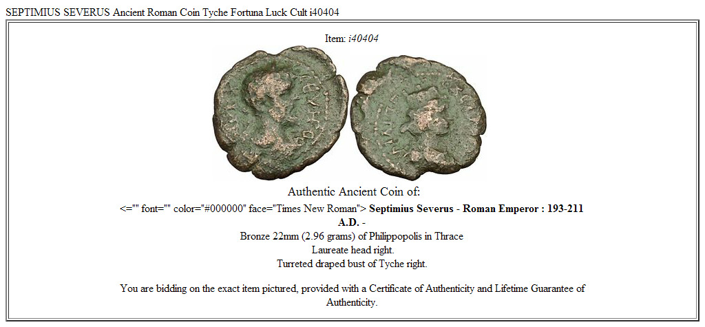 SEPTIMIUS SEVERUS Ancient Roman Coin Tyche Fortuna Luck Cult i40404