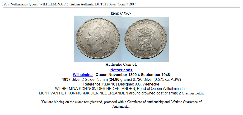 1937 Netherlands Queen WILHELMINA 2.5 Gulden Authentic DUTCH Silver Coin i71907