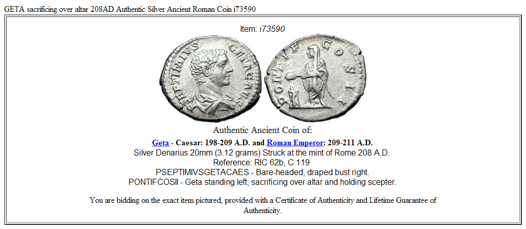 GETA sacrificing over altar 208AD Authentic Silver Ancient Roman Coin i73590