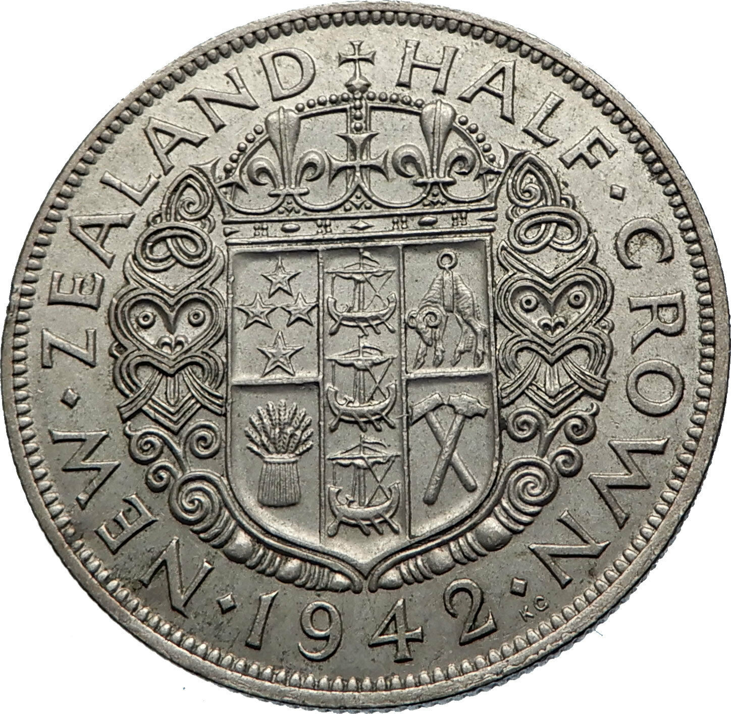 1942 NEW ZEALAND under UK King George VI Silver 1/2 Crown Coin Shield i71869