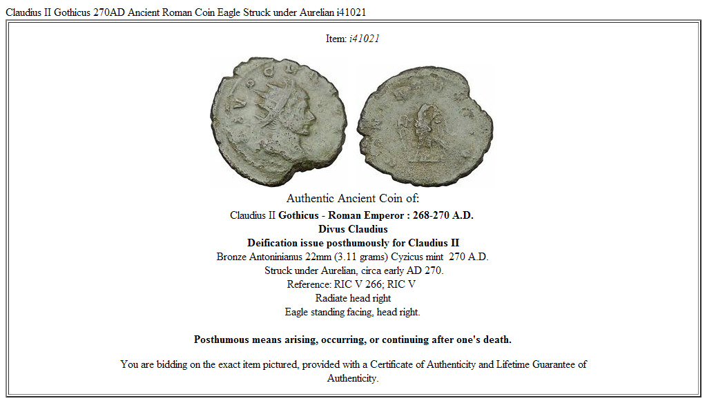 Claudius II Gothicus 270AD Ancient Roman Coin Eagle Struck under Aurelian i41021