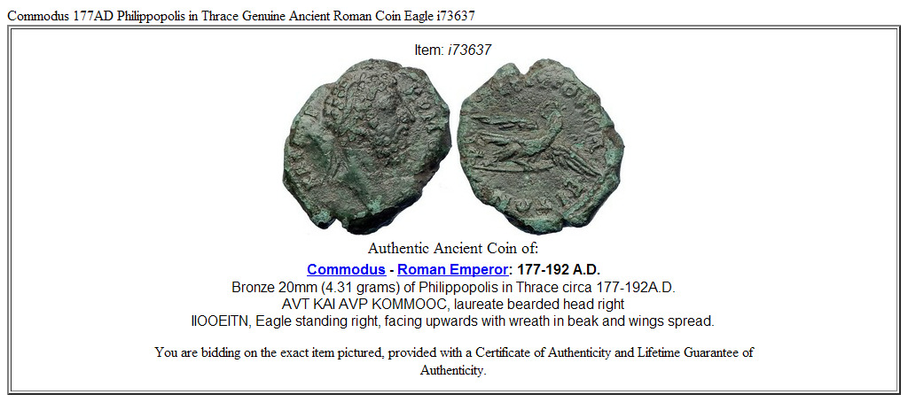 Commodus 177AD Philippopolis in Thrace Genuine Ancient Roman Coin Eagle i73637