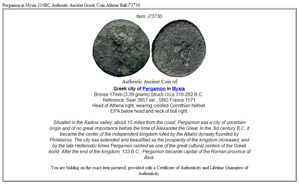Pergamon in Mysia 310BC Authentic Ancient Greek Coin Athena Bull i73730
