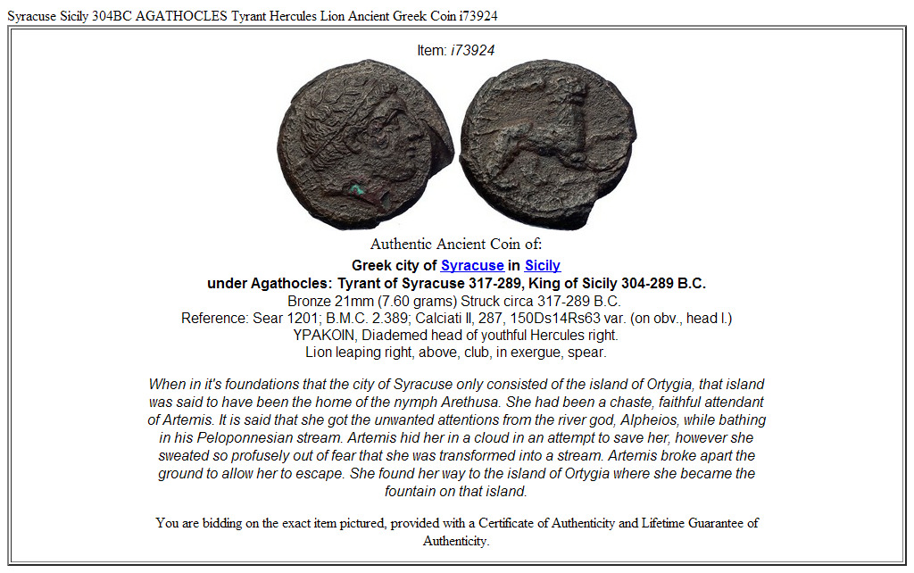 Syracuse Sicily 304BC AGATHOCLES Tyrant Hercules Lion Ancient Greek Coin i73924