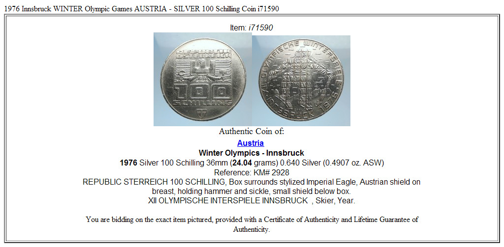 1976 Innsbruck WINTER Olympic Games AUSTRIA - SILVER 100 Schilling Coin i71590