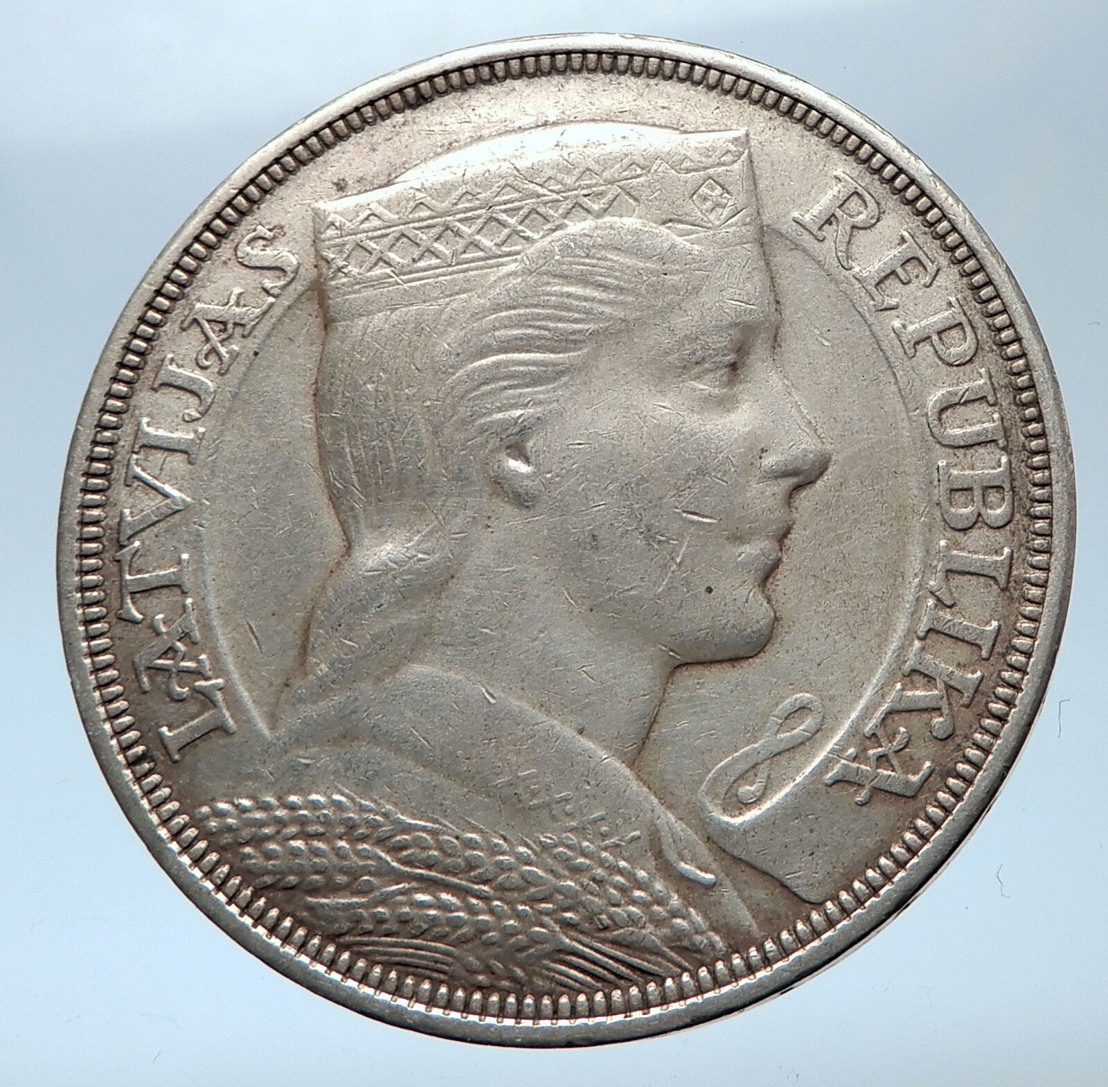 1931 LATVIA w Female Headwear 5 Lati LARGE Vintage Silver European Coin i73912