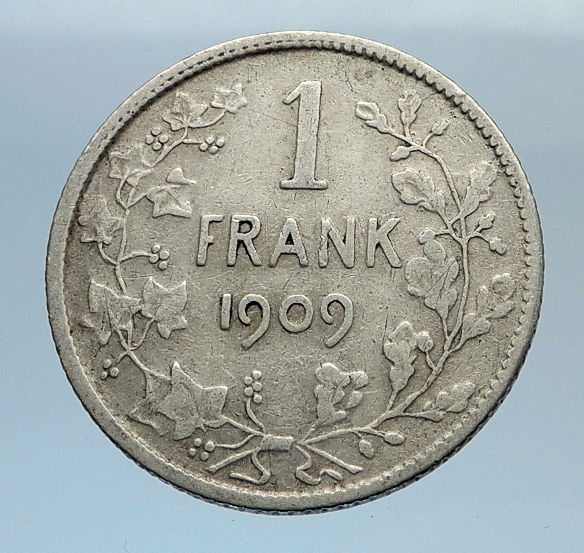 1909 BELGIUM - Original Antique Silver 1 FRANK Coin - King LEOPOLD II i71596