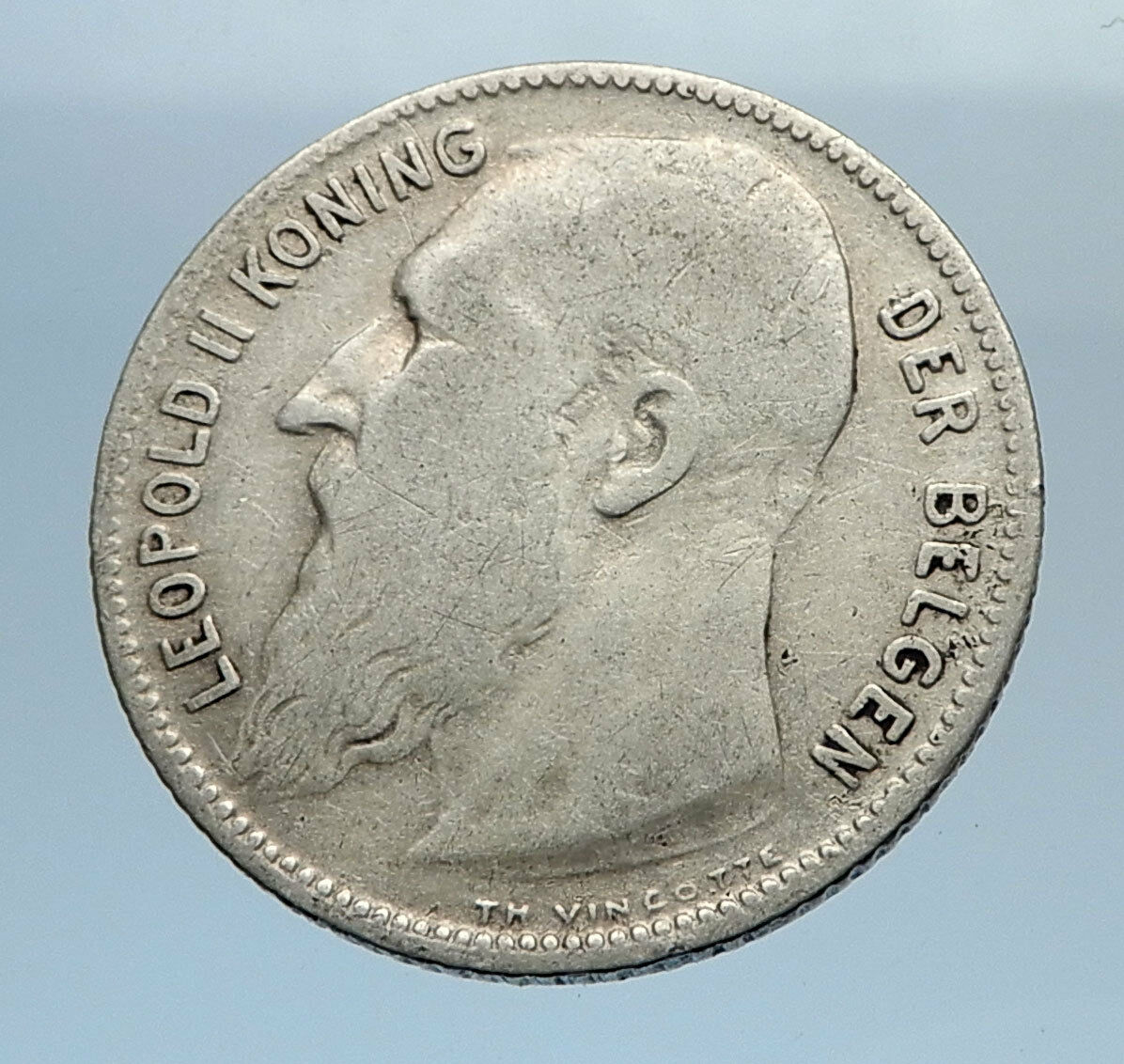 1909 BELGIUM - Original Antique Silver 1 FRANK Coin - King LEOPOLD II i71596