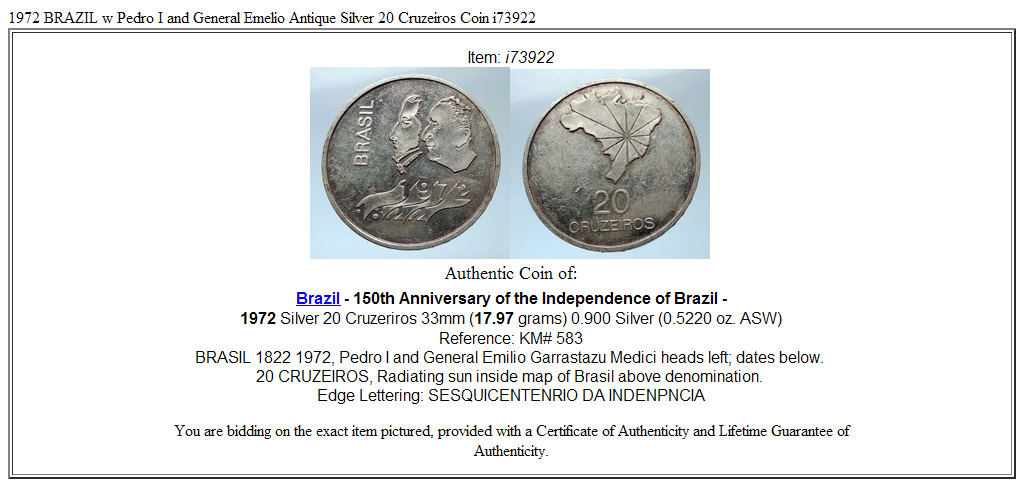 1972 BRAZIL w Pedro I and General Emelio Antique Silver 20 Cruzeiros Coin i73922