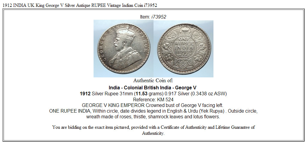 1912 INDIA UK King George V Silver Antique RUPEE Vintage Indian Coin i73952