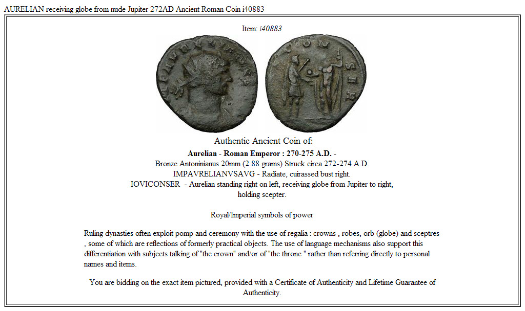 AURELIAN receiving globe from nude Jupiter 272AD Ancient Roman Coin i40883