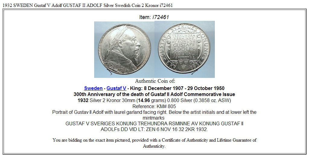 1932 SWEDEN Gustaf V Adolf GUSTAF II ADOLF Silver Swedish Coin 2 Kronor i72461