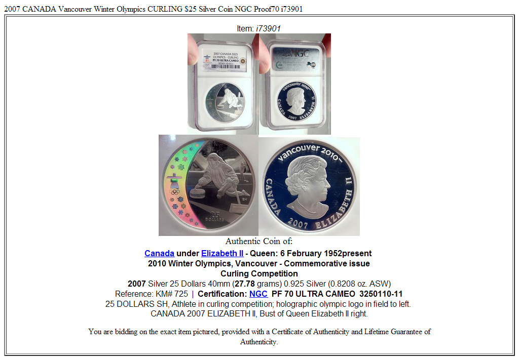 2007 CANADA Vancouver Winter Olympics CURLING $25 Silver Coin NGC Proof70 i73901