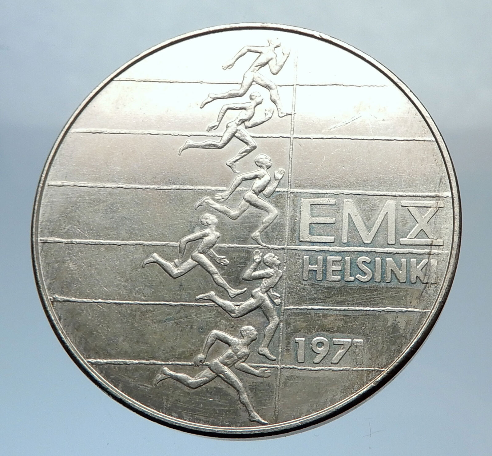 1971 FINLAND European Athletic Games TRACK Antique Silver 10 Markkaa Coin i71395