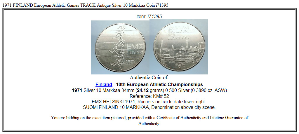 1971 FINLAND European Athletic Games TRACK Antique Silver 10 Markkaa Coin i71395