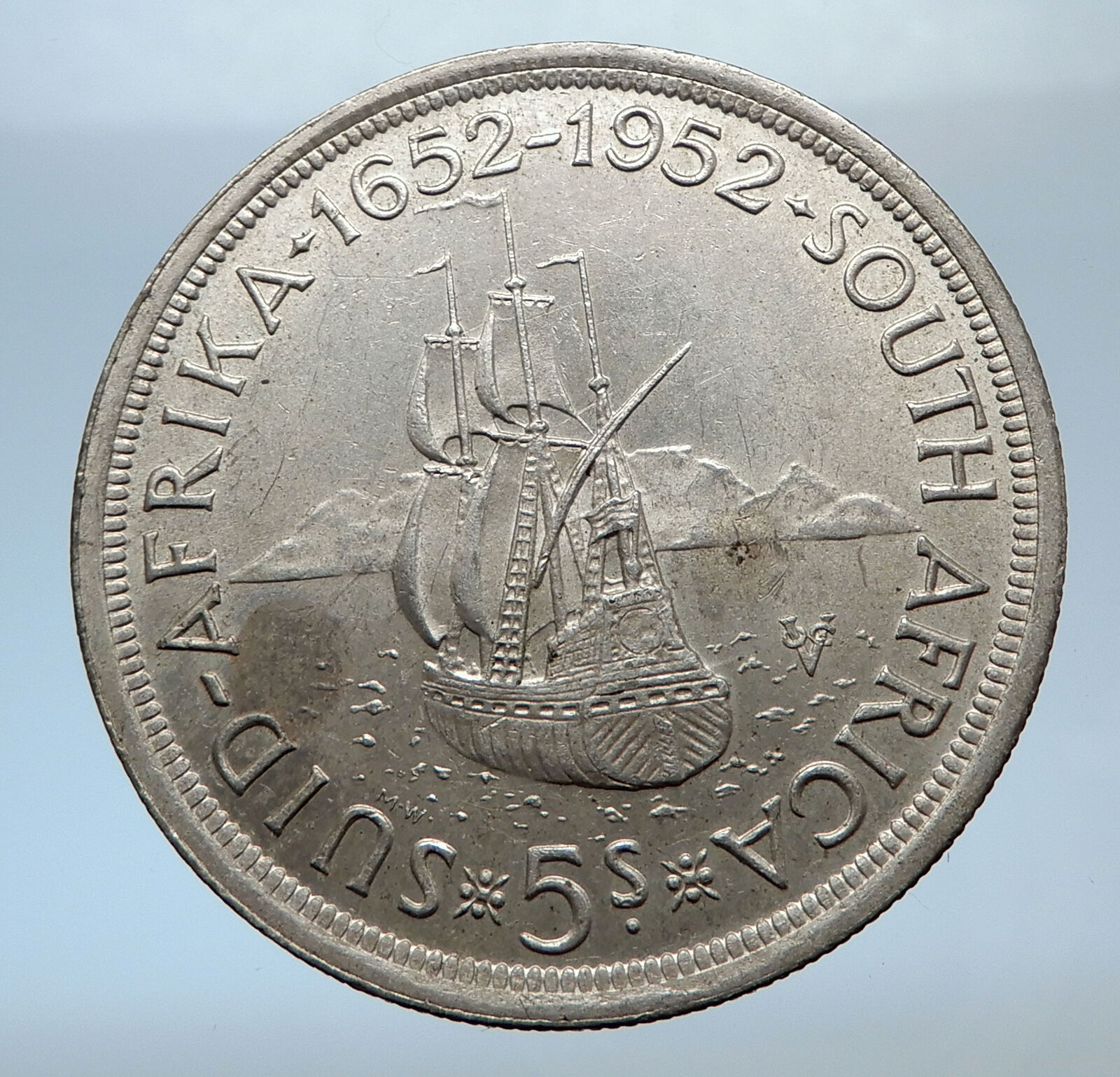 1952 SOUTH AFRICA 300th Cape Town Riebeeck w SHIP Silver 5 Shillings Coin i72473