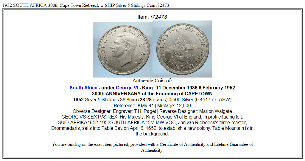 1952 SOUTH AFRICA 300th Cape Town Riebeeck w SHIP Silver 5 Shillings Coin i72473