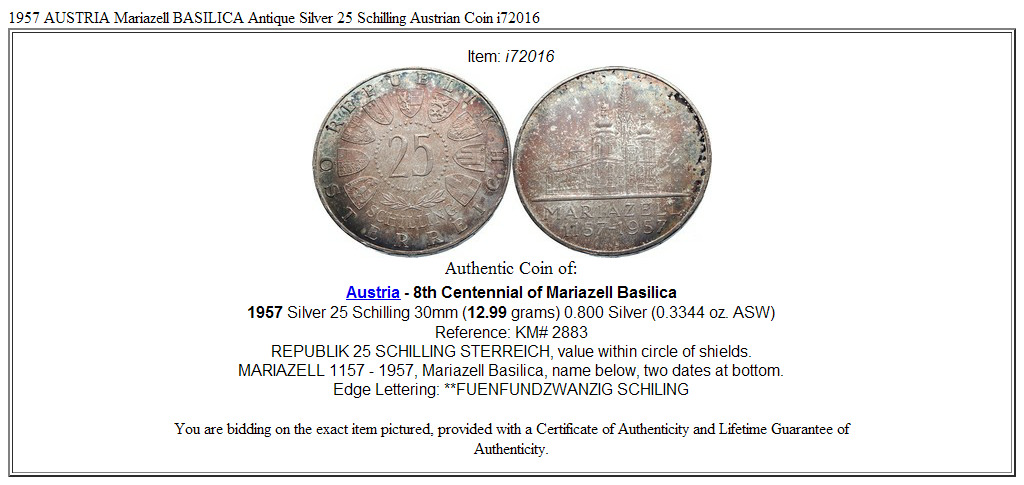 1957 AUSTRIA Mariazell BASILICA Antique Silver 25 Schilling Austrian Coin i72016