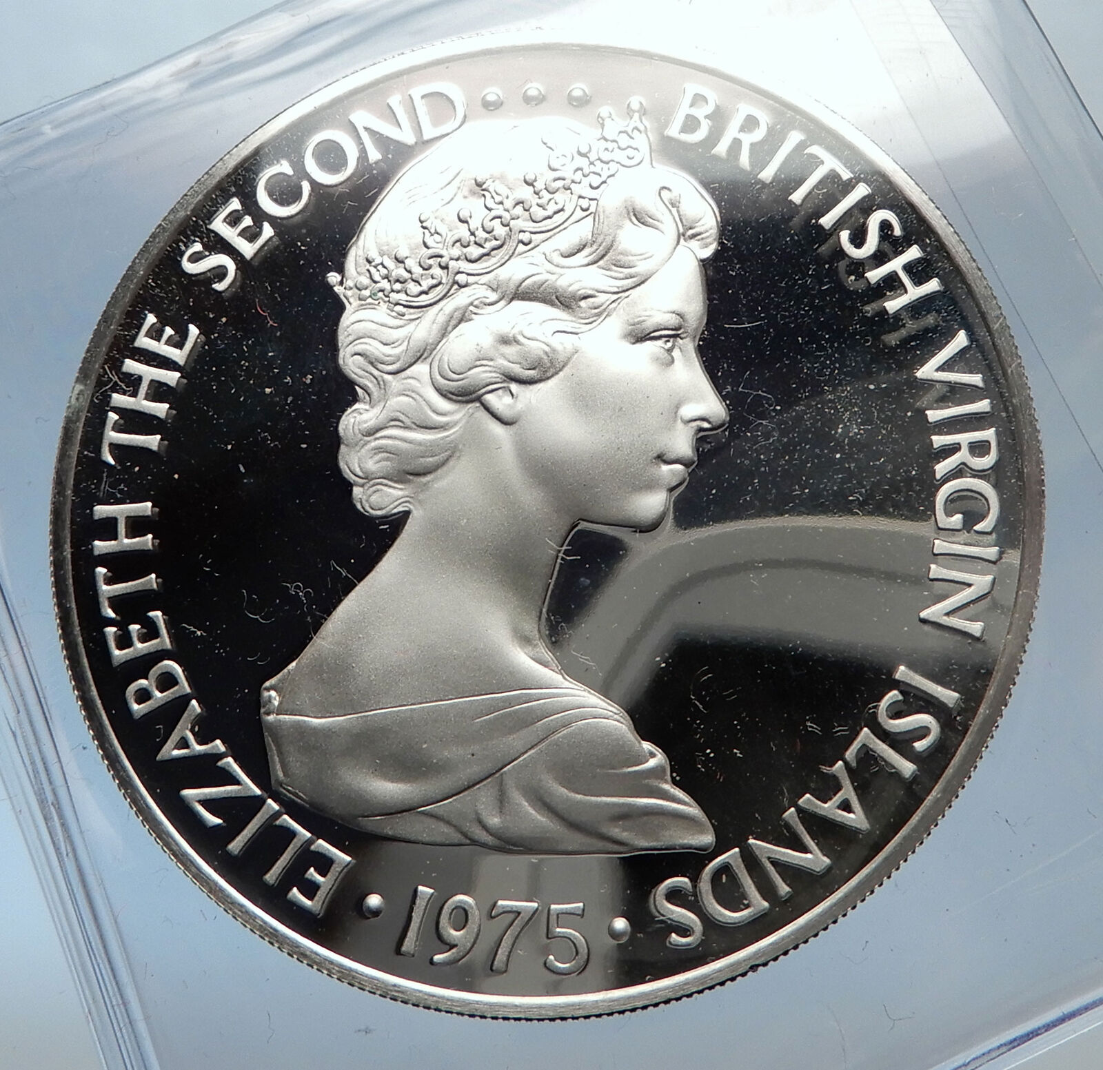 1975 Proof British Virgin Islands w UK Queen Elizabeth II Silver $1 Coin i71394