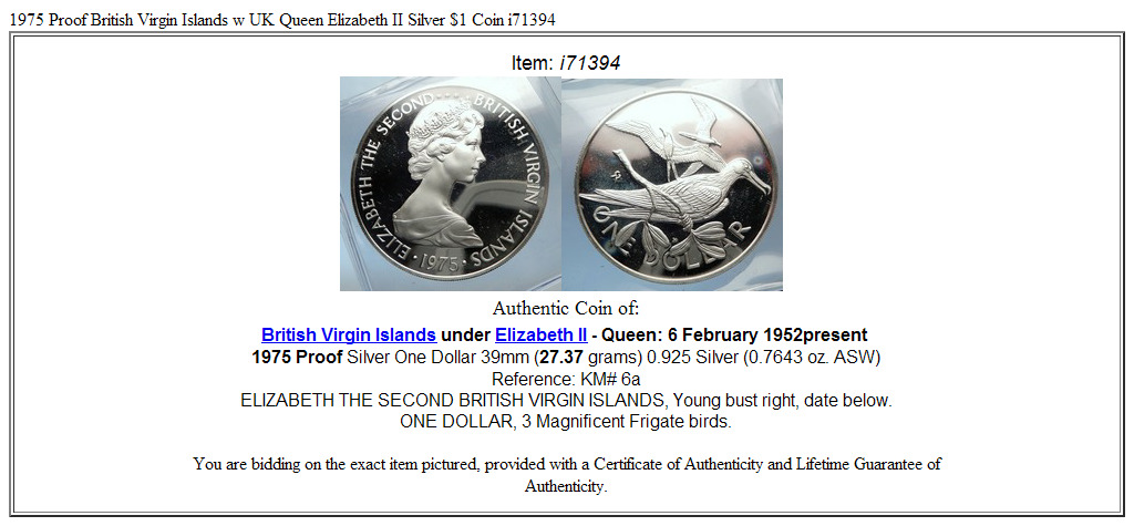 1975 Proof British Virgin Islands w UK Queen Elizabeth II Silver $1 Coin i71394