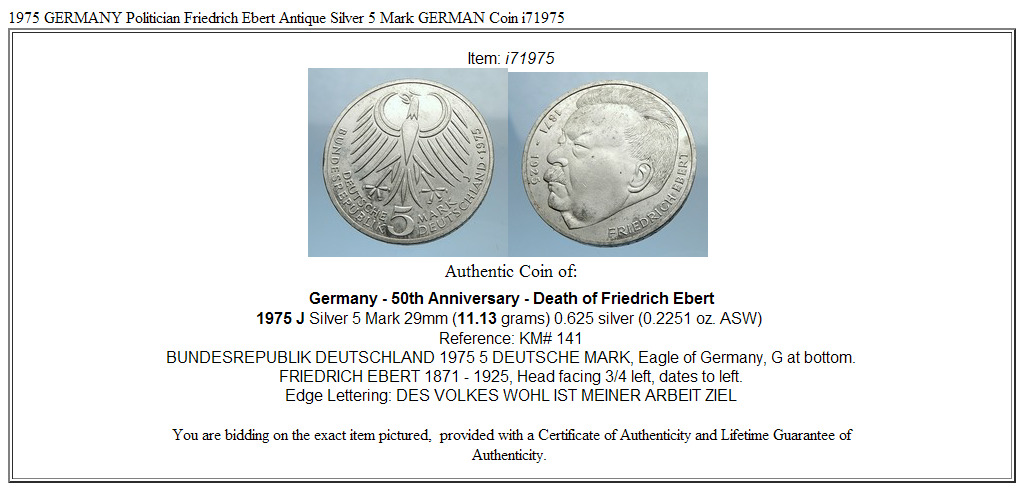 1975 GERMANY Politician Friedrich Ebert Antique Silver 5 Mark GERMAN Coin i71975