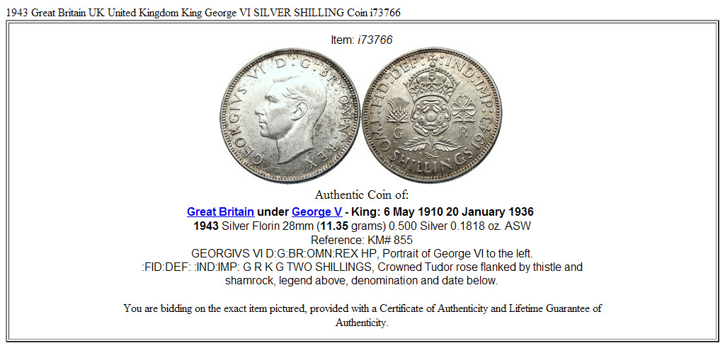 1943 Great Britain UK United Kingdom King George VI SILVER FLORIN Coin i73766