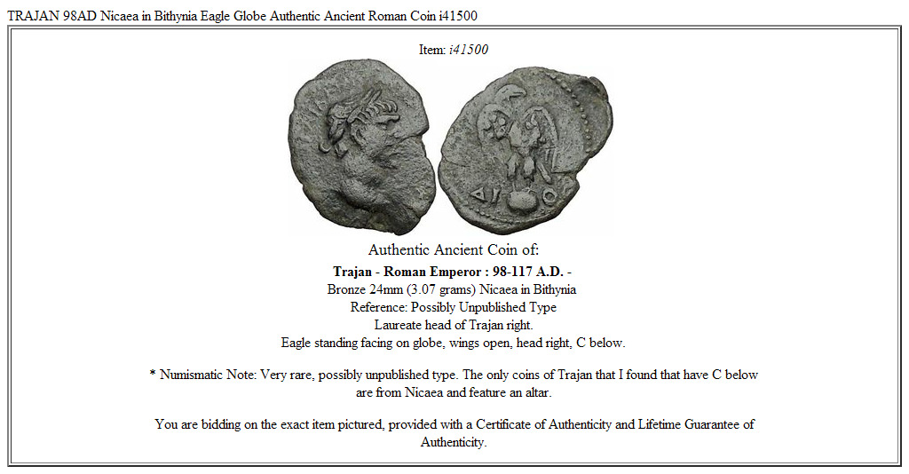 TRAJAN 98AD Nicaea in Bithynia Eagle Globe Authentic Ancient Roman Coin i41500
