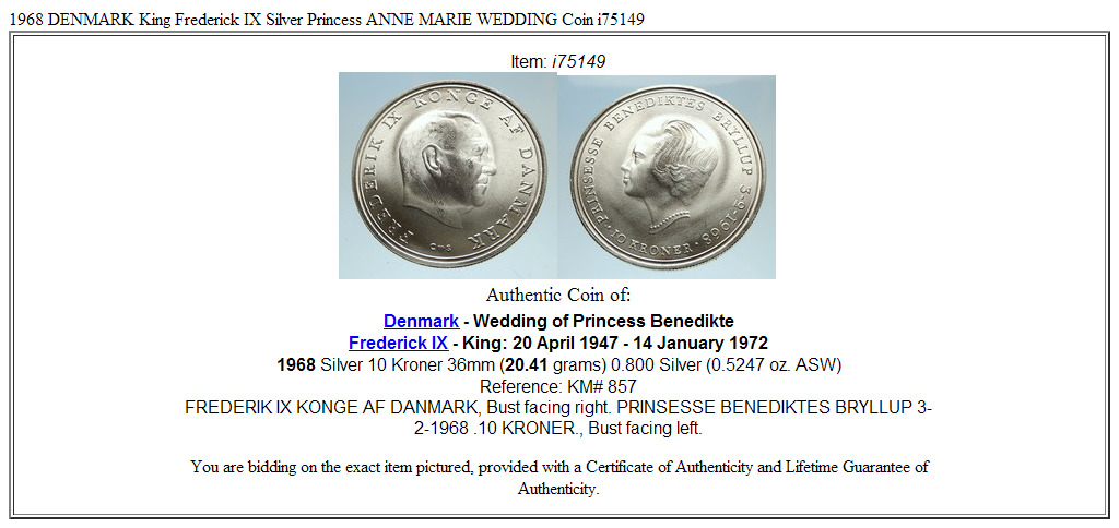 1968 DENMARK King Frederick IX Silver Princess ANNE MARIE WEDDING Coin i75149