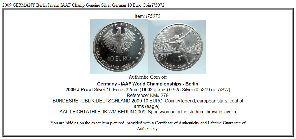 2009 GERMANY Berlin Javelin IAAF Champ Genuine Silver German 10 Euro Coin i75072