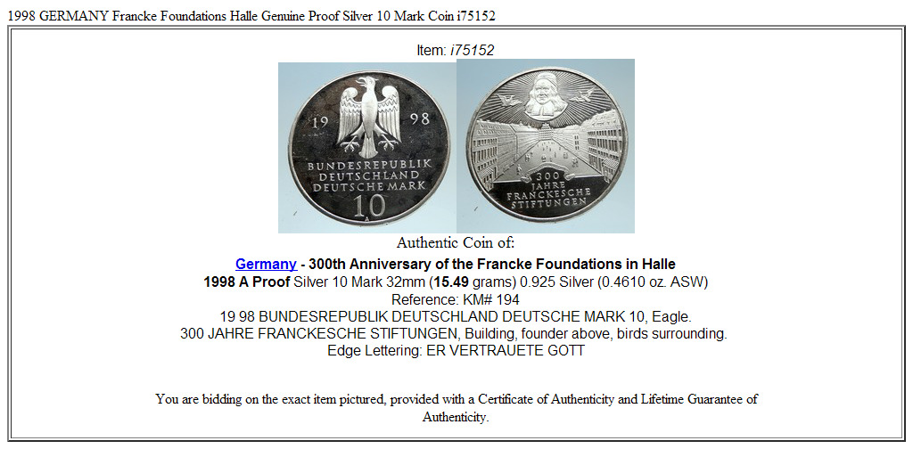 1998 GERMANY Francke Foundations Halle Genuine Proof Silver 10 Mark Coin i75152