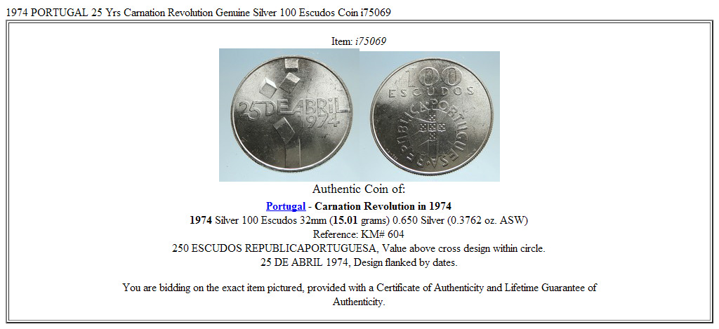 1974 PORTUGAL 25 Yrs Carnation Revolution Genuine Silver 100 Escudos Coin i75069