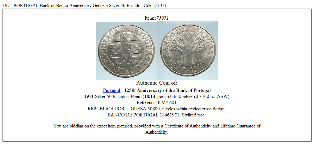 1971 PORTUGAL Bank or Banco Anniversary Genuine Silver 50 Escudos Coin i75071