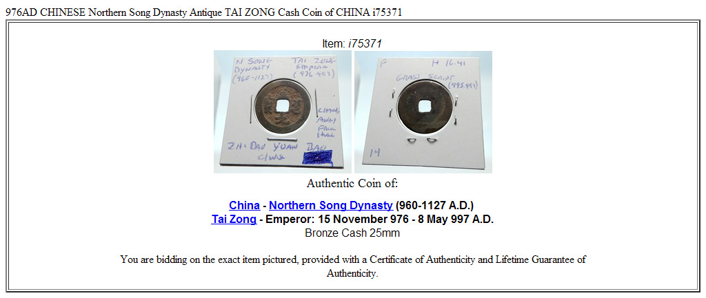 976AD CHINESE Northern Song Dynasty Antique TAI ZONG Cash Coin of CHINA i75371