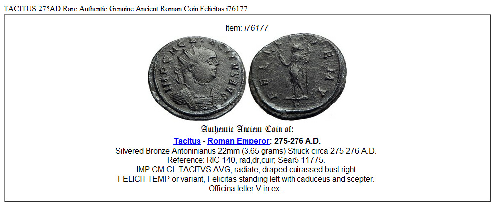 TACITUS 275AD Rare Authentic Genuine Ancient Roman Coin Felicitas i76177