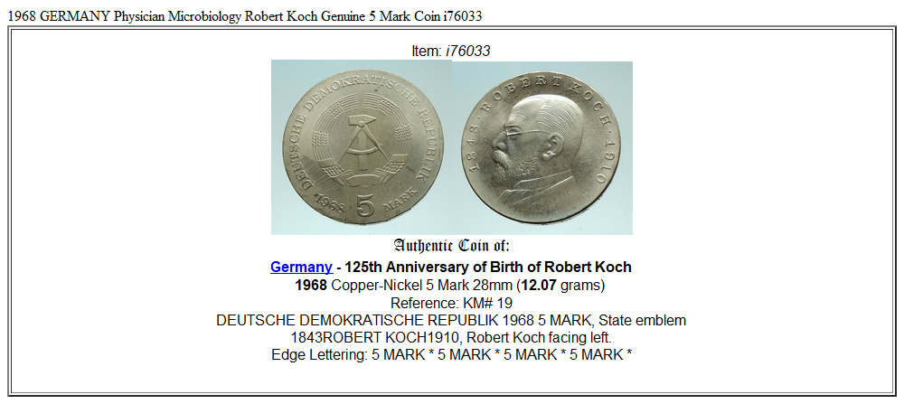 1968 GERMANY Physician Microbiology Robert Koch Genuine 5 Mark Coin i76033