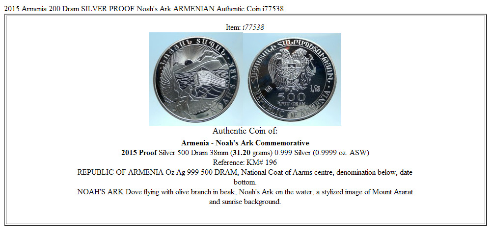 2015 Armenia 500 Dram SILVER PROOF Noah's Ark ARMENIAN Authentic Coin i77538