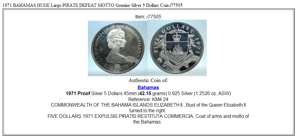 1971 BAHAMAS HUGE Large PIRATE DEFEAT MOTTO Genuine Silver 5 Dollars Coin i77505