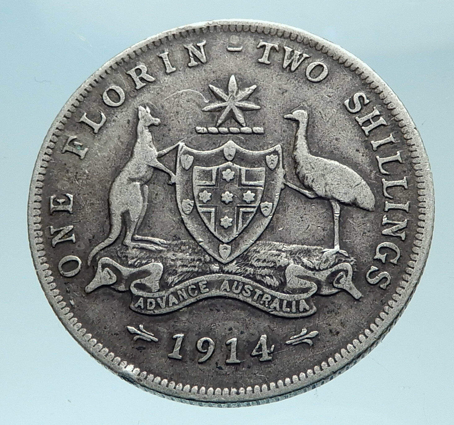 1914 AUSTRALIA - UK King George V Kangaroo Silver Florin Australian Coin i78278