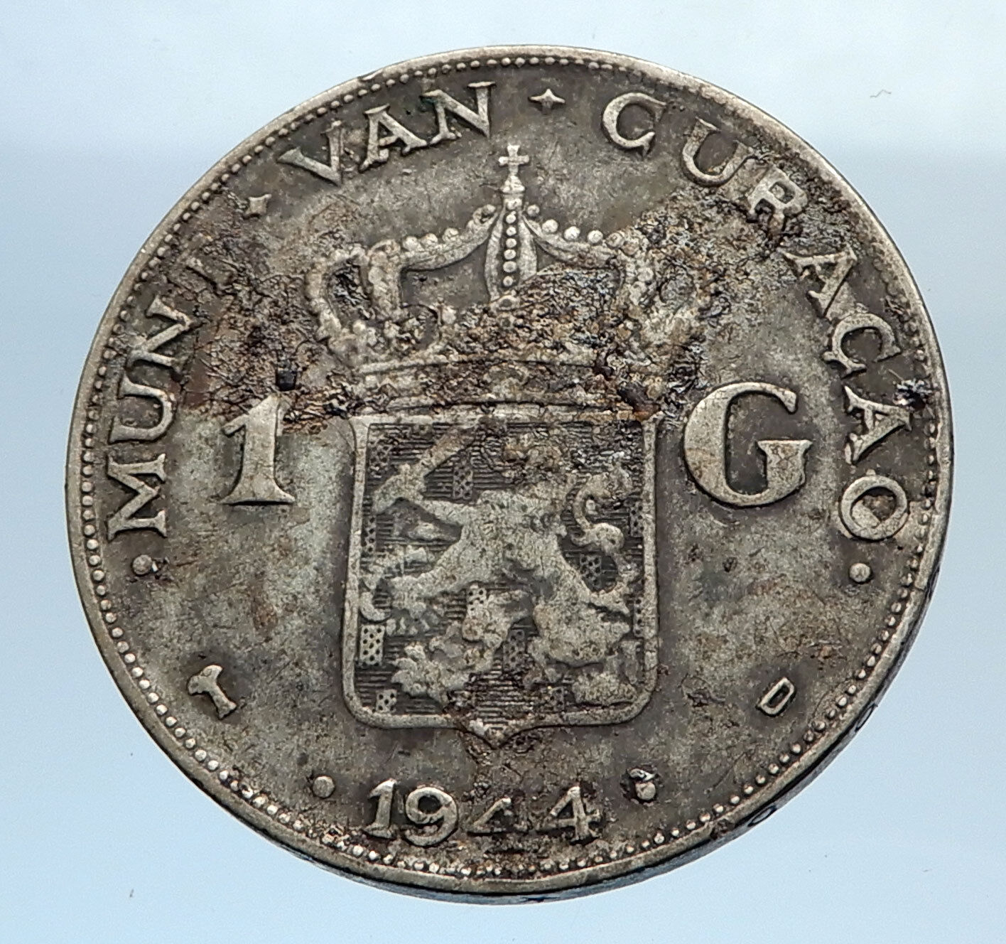 1944 CURACAO Netherlands Kingdom w Queen WILHELMINA Silver 1 Gulden Coin i71595