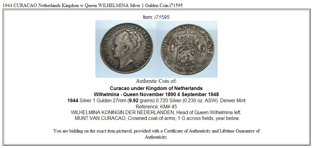 1944 CURACAO Netherlands Kingdom w Queen WILHELMINA Silver 1 Gulden Coin i71595