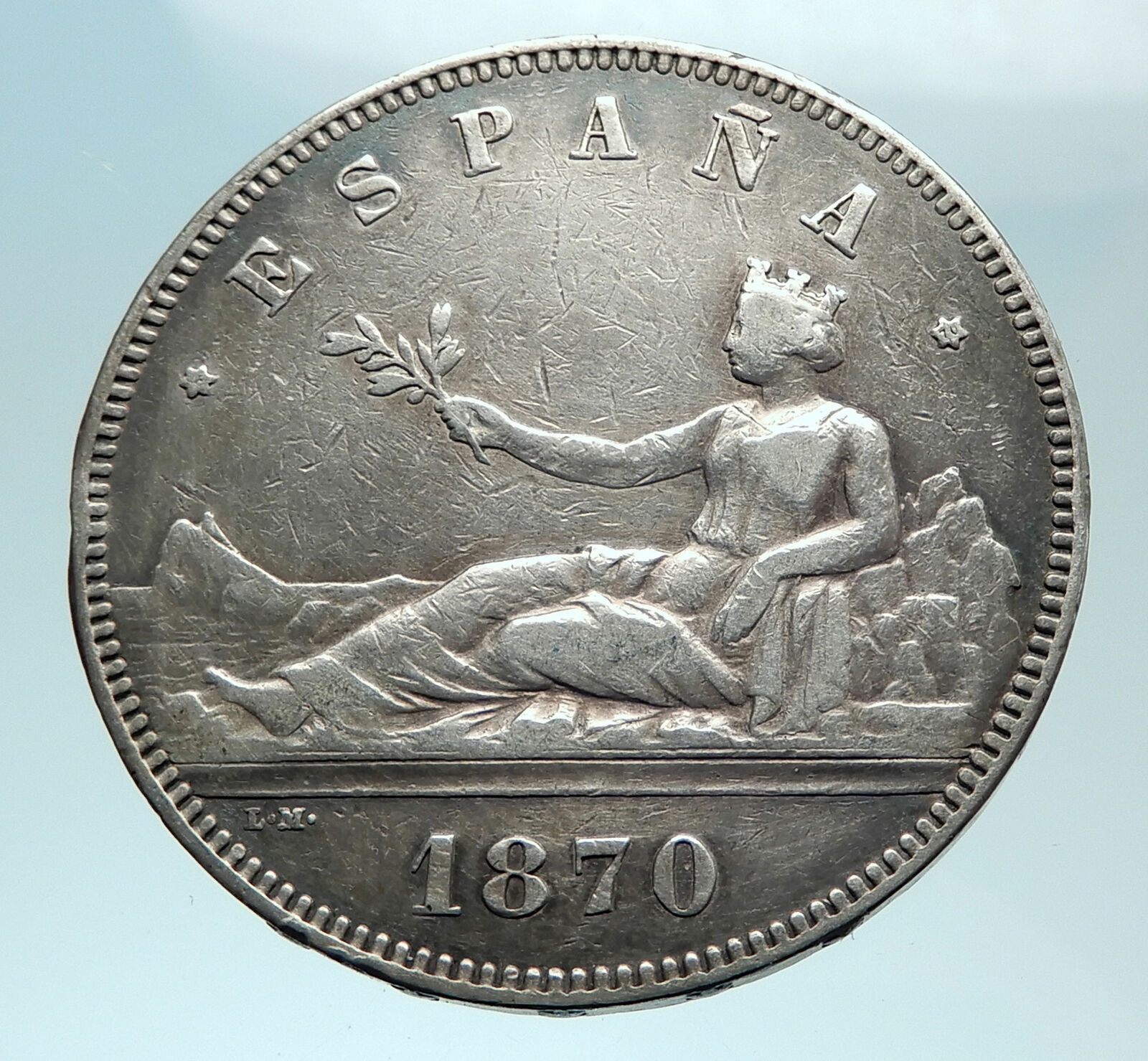 1870 SPAIN Provisional Government Liberty Genuine Silver 5 Pesetas Coin i79098