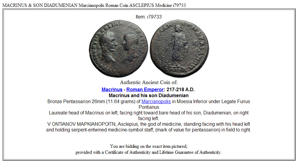 MACRINUS & SON DIADUMENIAN Marcianopolis Roman Coin ASCLEPIUS Medicine i79733