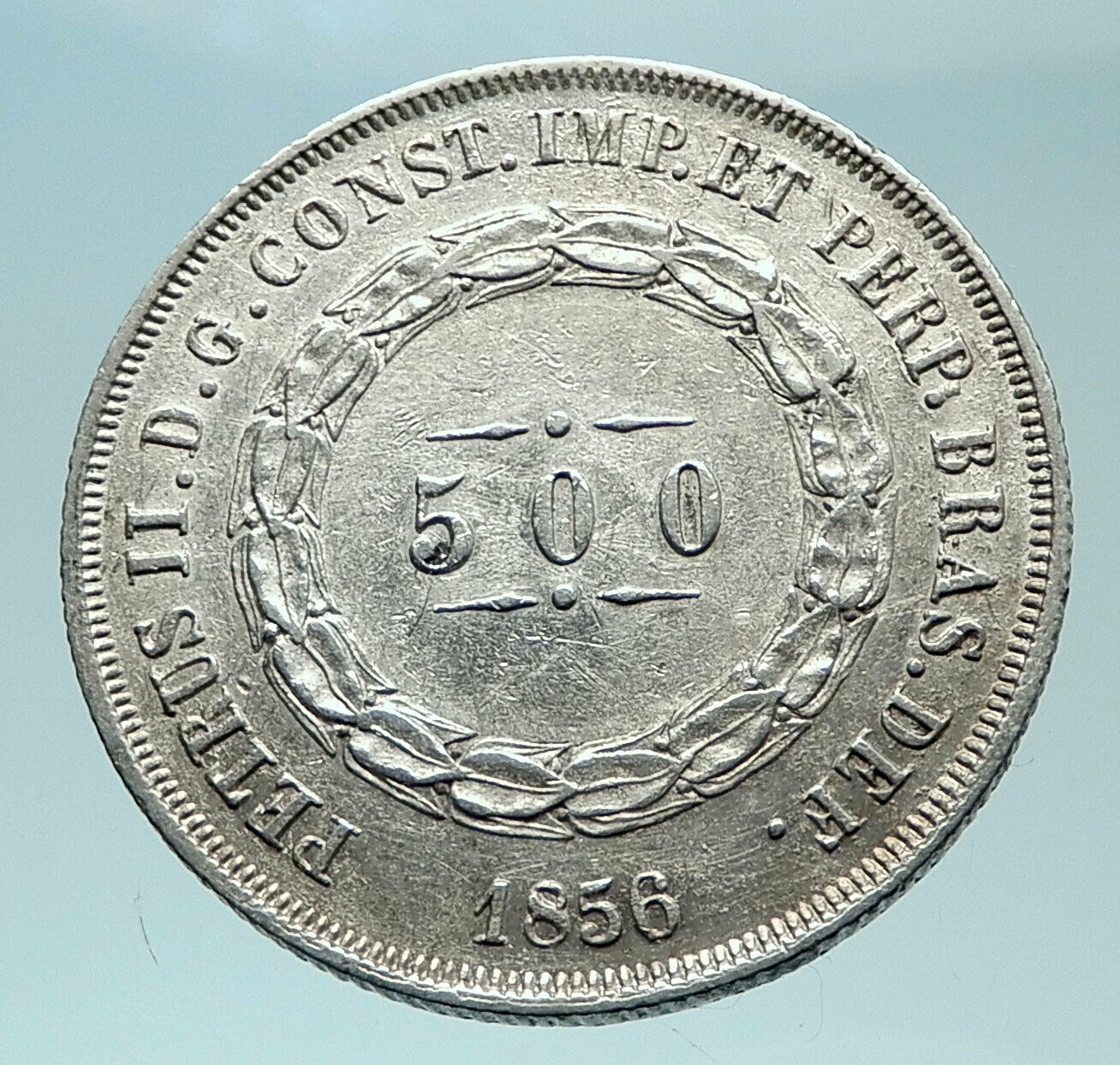 1856 BRAZIL Antique Brazilian Coat-Of-Arms Genuine Silver 500 Reis Coin i79009