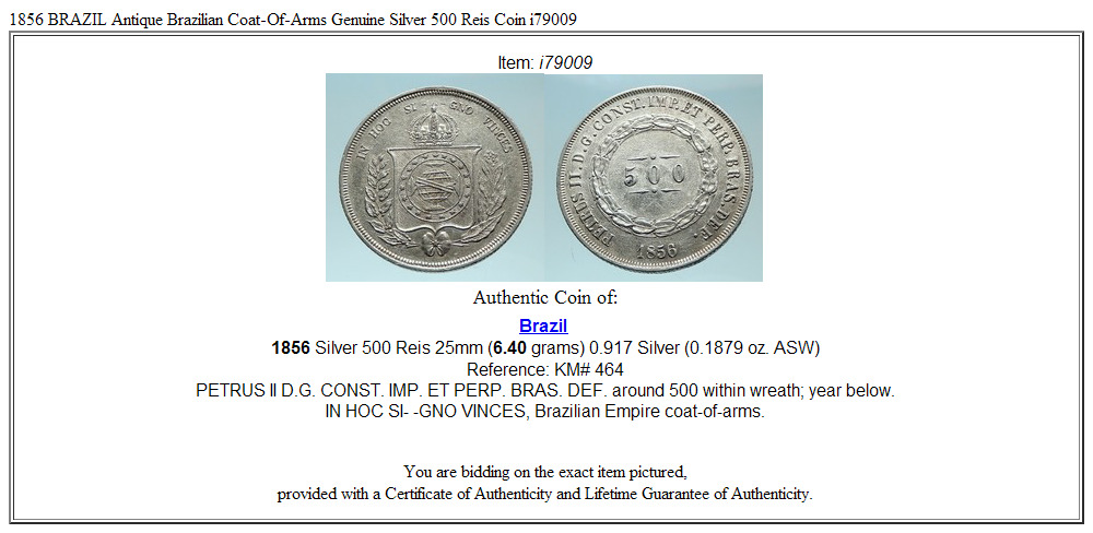 1856 BRAZIL Antique Brazilian Coat-Of-Arms Genuine Silver 500 Reis Coin i79009