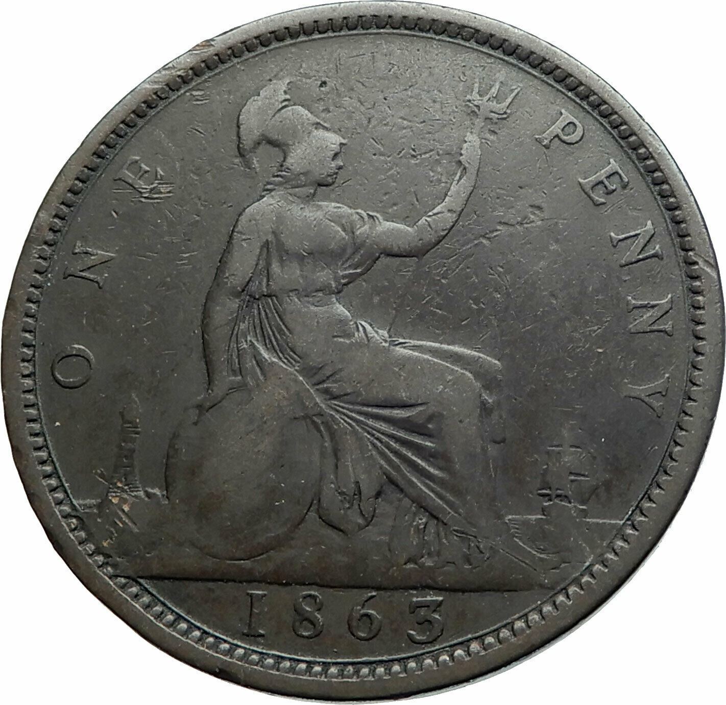 1863 UK Great Britain United Kingdom QUEEN VICTORIA Genuine Penny Coin i79521