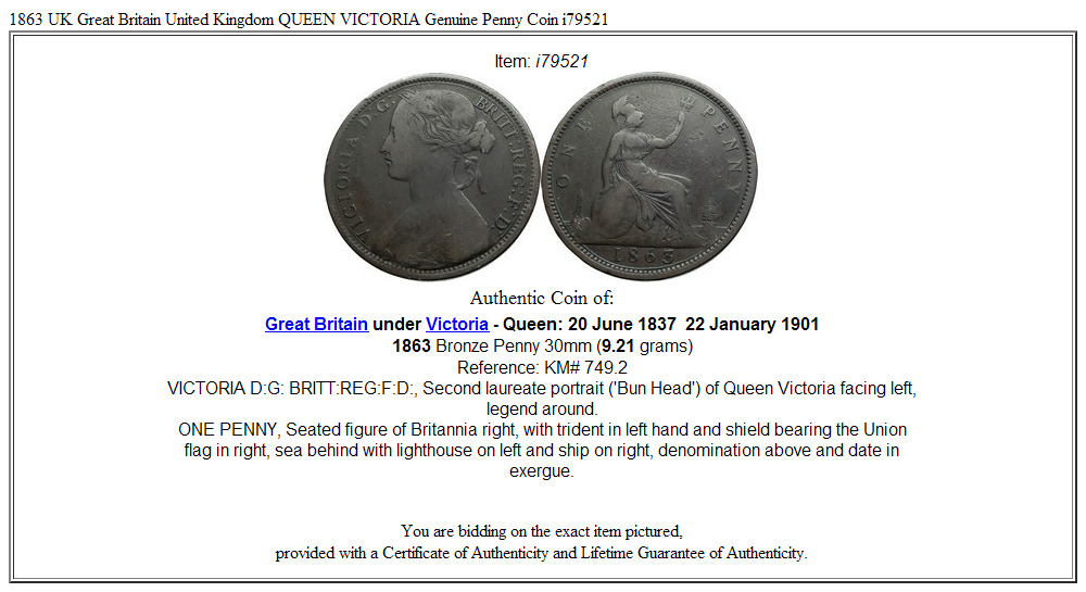 1863 UK Great Britain United Kingdom QUEEN VICTORIA Genuine Penny Coin i79521