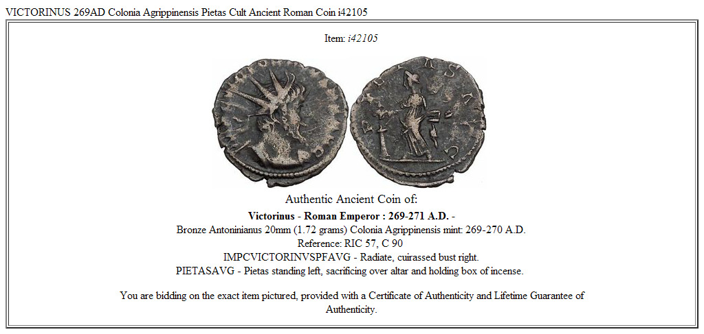 VICTORINUS 269AD Colonia Agrippinensis Pietas Cult Ancient Roman Coin i42105