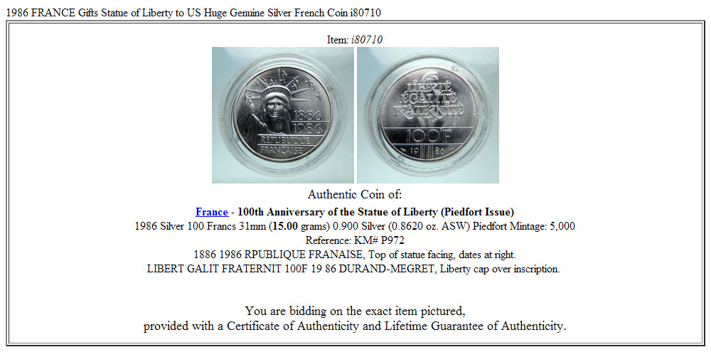 1986 FRANCE Gifts Statue of Liberty to US Huge Genuine Silver French Coin i80710