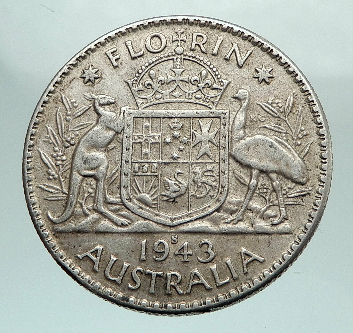 1943 AUSTRALIA Large King George VI Kangaroos Antique Silver Florin Coin i80103